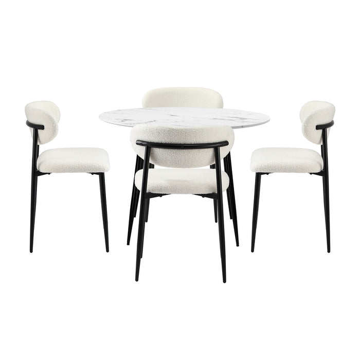 110Cm Round Dining Table With 4X Dining Chairs Boucle Black & White