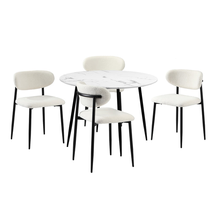 110Cm Round Dining Table With 4X Dining Chairs Boucle Black & White