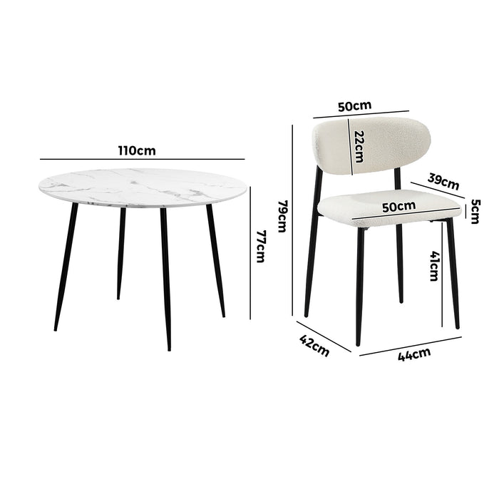 110Cm Round Dining Table With 4X Dining Chairs Boucle Black & White