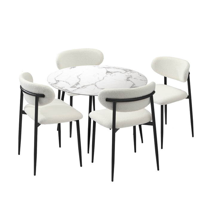 110Cm Round Dining Table With 4X Dining Chairs Boucle Black & White