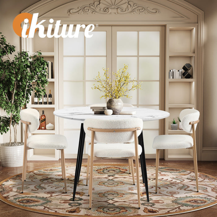 110Cm Round Dining Table With 4X Dining Chairs Boucle White