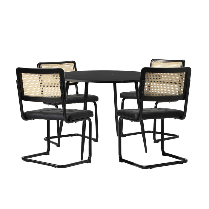 5Pcs Dining Table Set 1.1M Round Dining Table And Chairs Pu Leather Pad