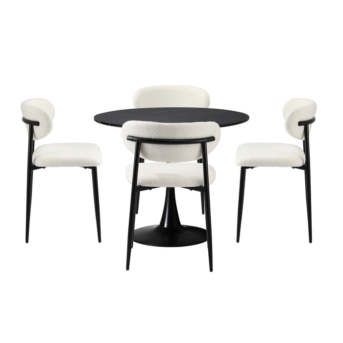 90Cm Round Dining Table With 4X Dining Chairs Boucle Black & White