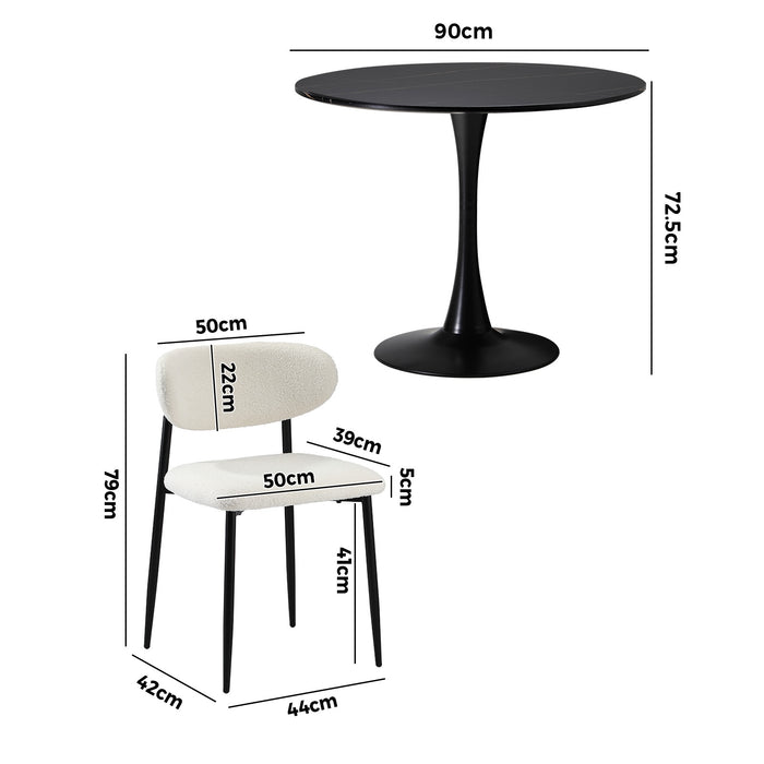 90Cm Round Dining Table With 4X Dining Chairs Boucle Black & White