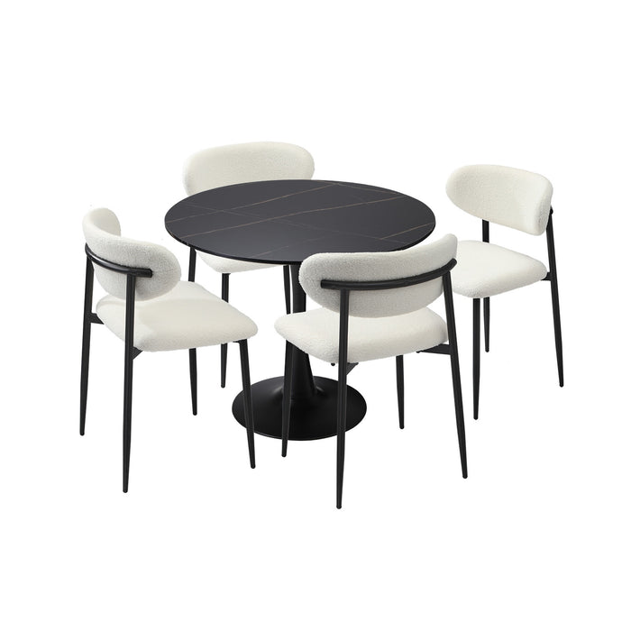 90Cm Round Dining Table With 4X Dining Chairs Boucle Black & White
