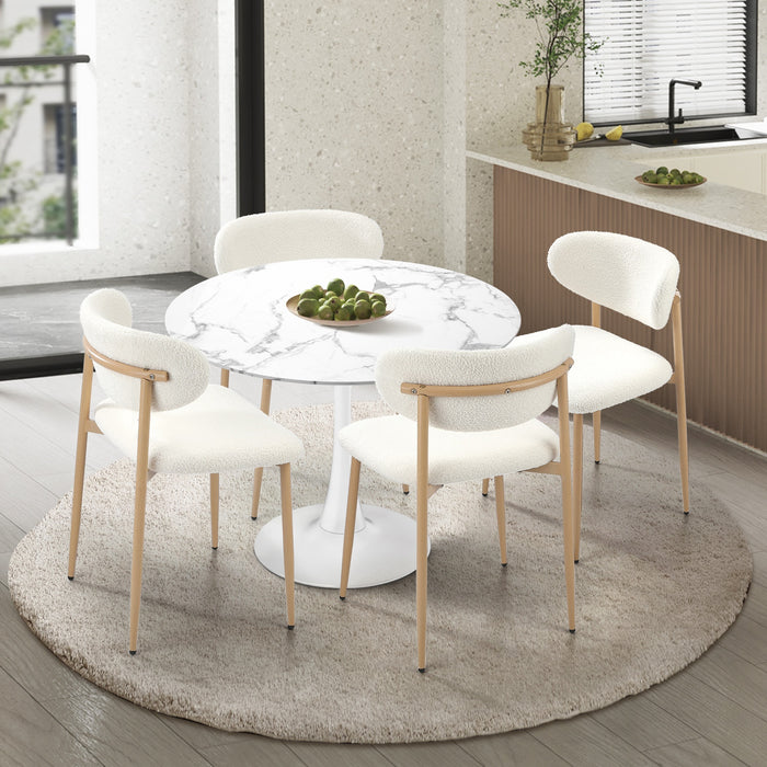 90Cm Round Dining Table With 4X Dining Chairs Boucle White & Gold