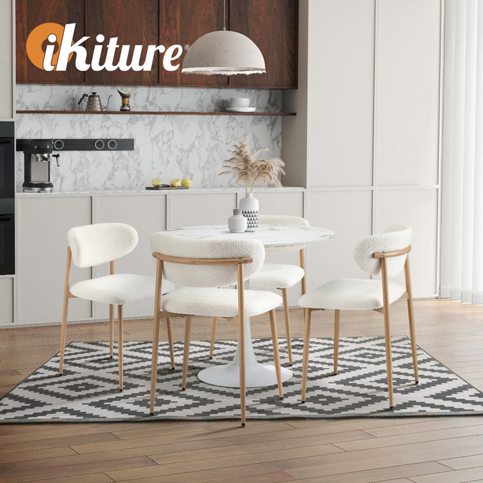 90Cm Round Dining Table With 4X Dining Chairs Boucle White & Gold
