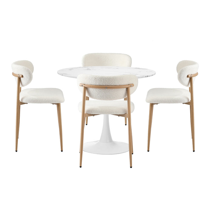 90Cm Round Dining Table With 4X Dining Chairs Boucle White & Gold