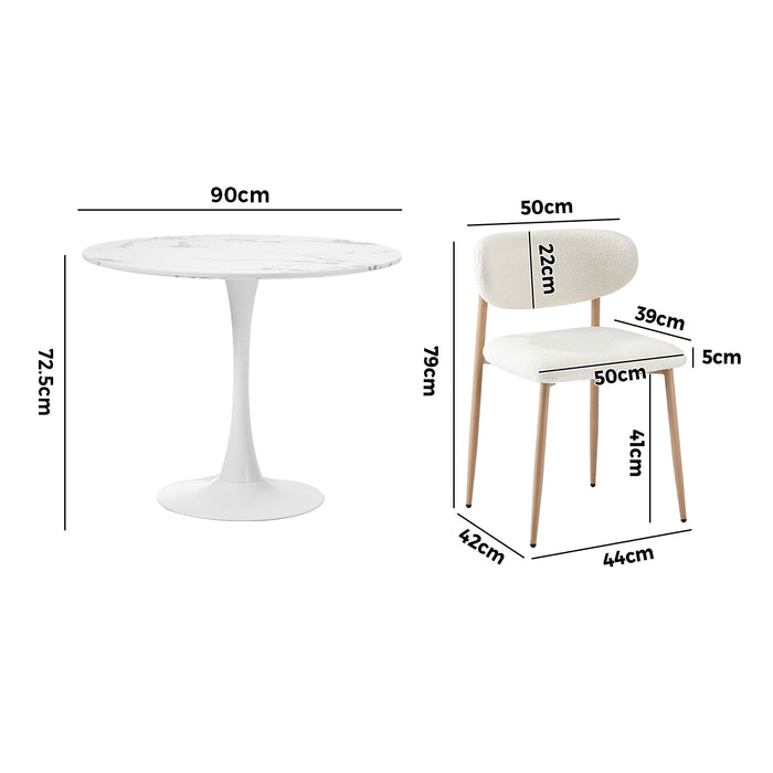 90Cm Round Dining Table With 4X Dining Chairs Boucle White & Gold