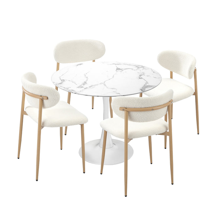 90Cm Round Dining Table With 4X Dining Chairs Boucle White & Gold