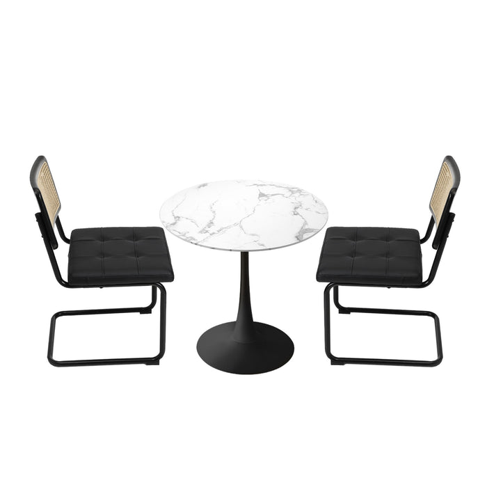 60Cm Round Dining Table With 2Pcs Dining Chairs Pu Leather Black
