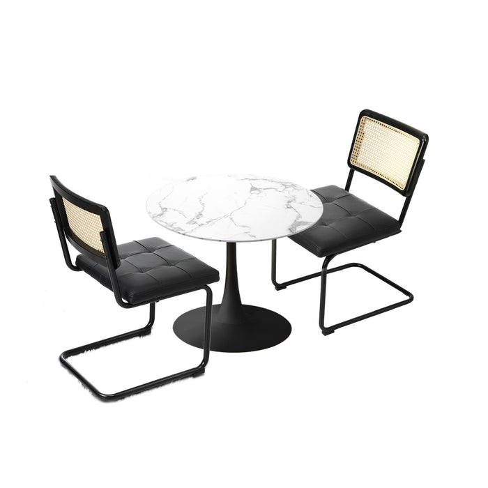 60Cm Round Dining Table With 2Pcs Dining Chairs Pu Leather Black
