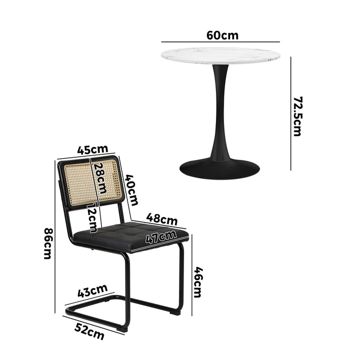 60Cm Round Dining Table With 2Pcs Dining Chairs Pu Leather Black
