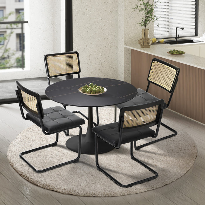 90Cm Round Dining Table With 4Pcs Dining Chairs Pu Leather Black