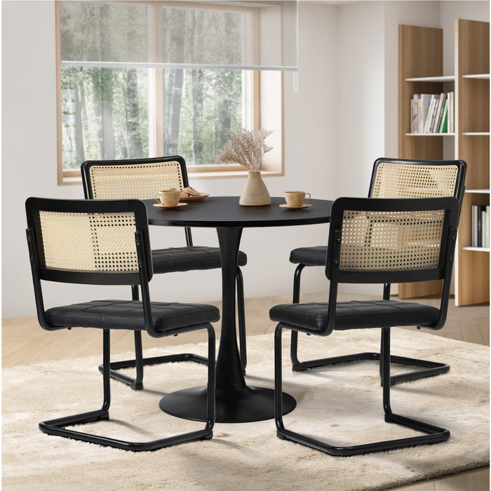 90Cm Round Dining Table With 4Pcs Dining Chairs Pu Leather Black