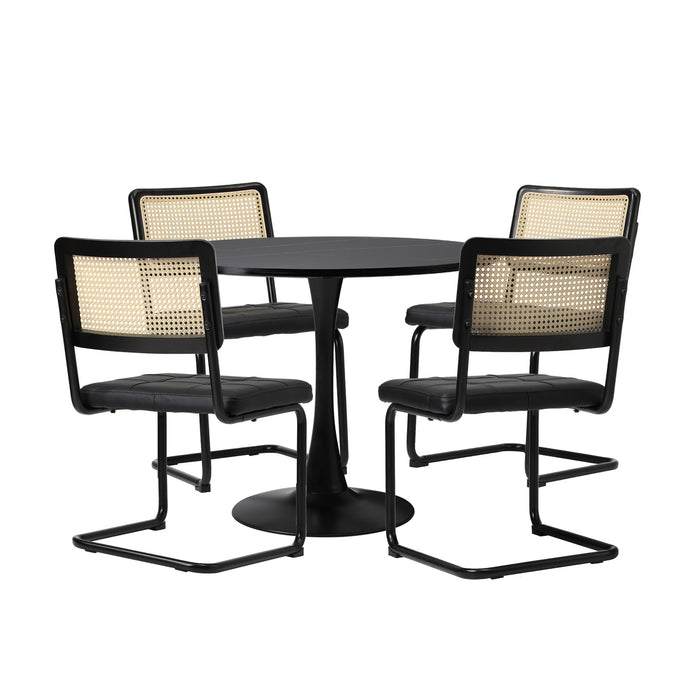 90Cm Round Dining Table With 4Pcs Dining Chairs Pu Leather Black