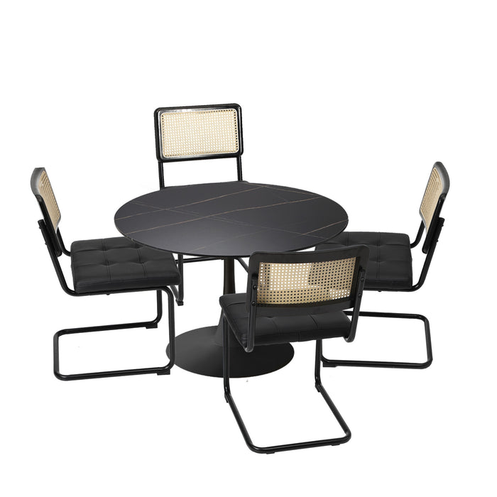 90Cm Round Dining Table With 4Pcs Dining Chairs Pu Leather Black