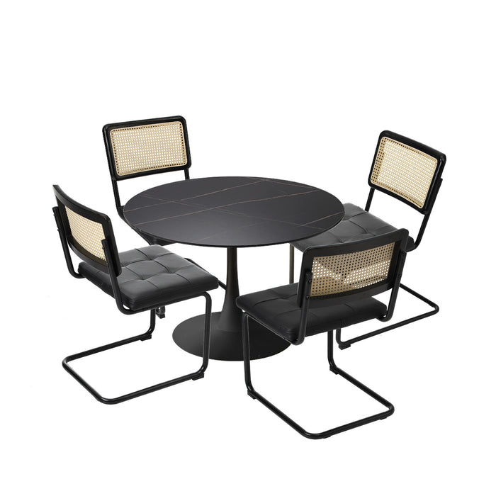 90Cm Round Dining Table With 4Pcs Dining Chairs Pu Leather Black
