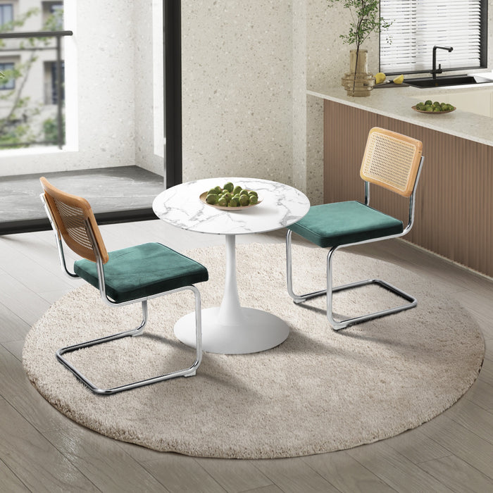 60Cm Round Dining Table With 2Pcs Dining Chairs Velvet White & Green