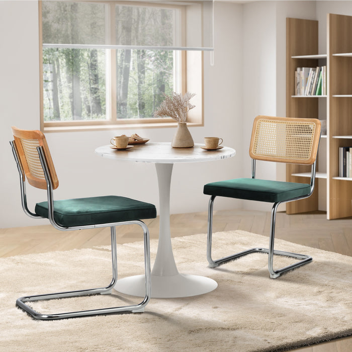 60Cm Round Dining Table With 2Pcs Dining Chairs Velvet White & Green