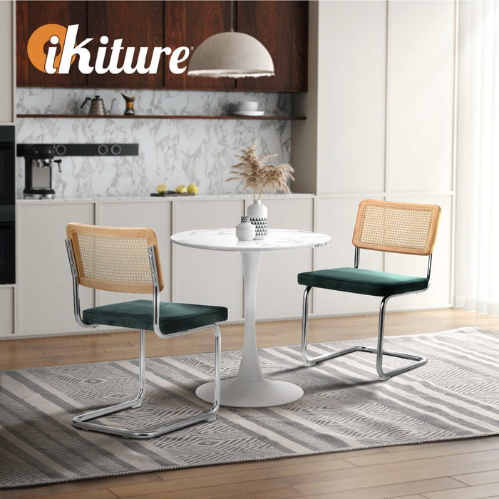 60Cm Round Dining Table With 2Pcs Dining Chairs Velvet White & Green