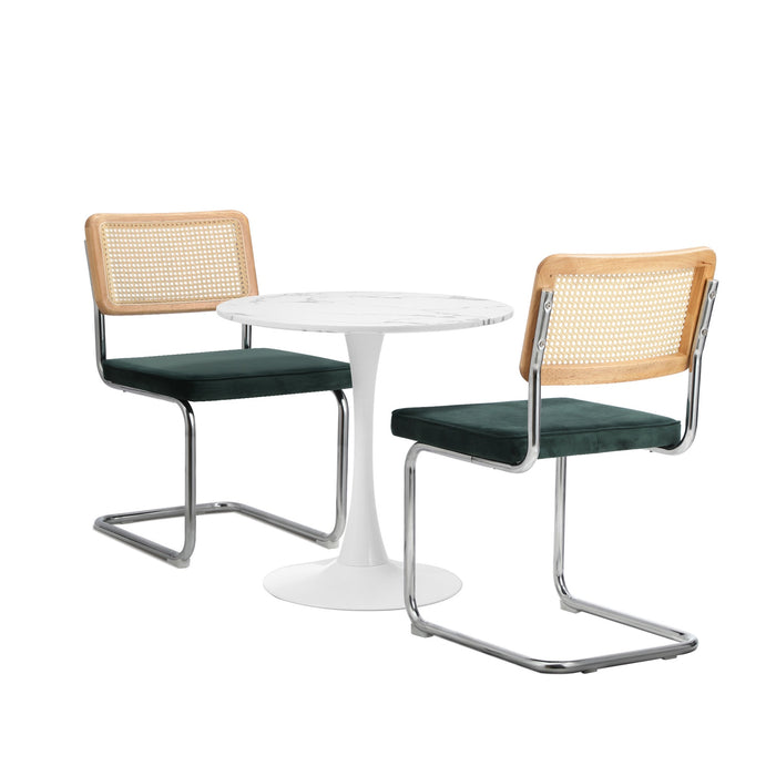 60Cm Round Dining Table With 2Pcs Dining Chairs Velvet White & Green