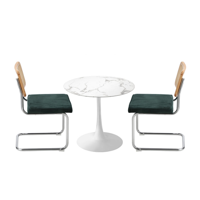 60Cm Round Dining Table With 2Pcs Dining Chairs Velvet White & Green