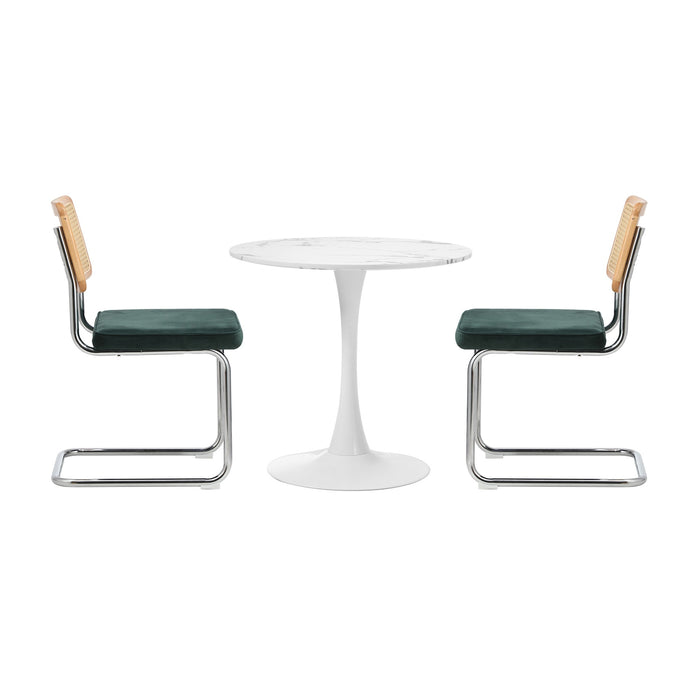 60Cm Round Dining Table With 2Pcs Dining Chairs Velvet White & Green