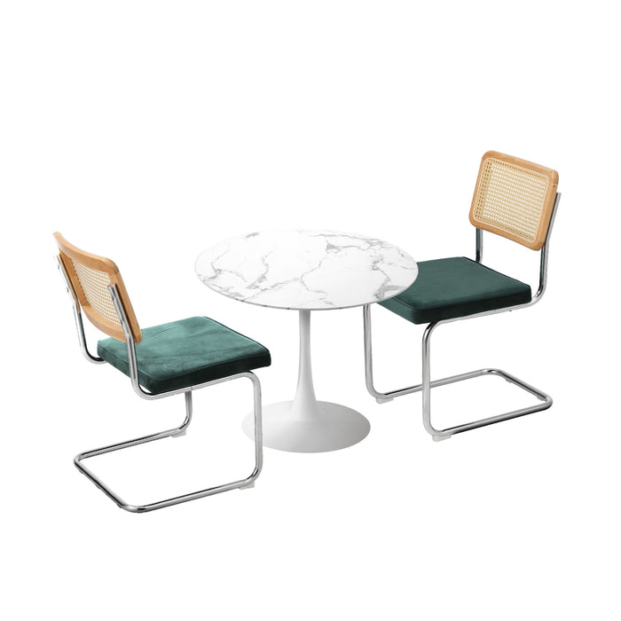 60Cm Round Dining Table With 2Pcs Dining Chairs Velvet White & Green