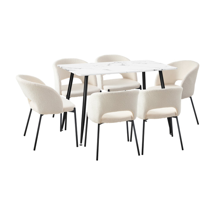120Cm Rectangle Dining Table With 6Pcs Dining Chairs Sherpa White