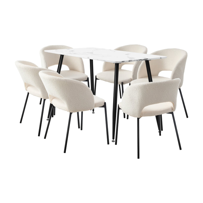 120Cm Rectangle Dining Table With 6Pcs Dining Chairs Sherpa White