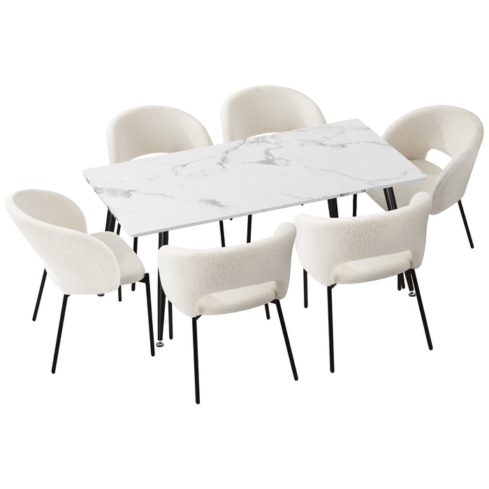 120Cm Rectangle Dining Table With 6Pcs Dining Chairs Sherpa White