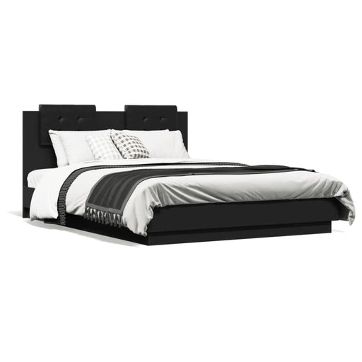 Double Size Bed Frame With Headboard Black 135x190 Cm