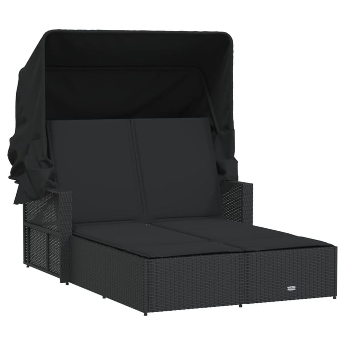 Double Sun Lounger with Canopy and Cushions Black Poly