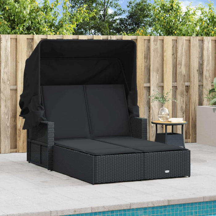 Double Sun Lounger with Canopy and Cushions Black Poly