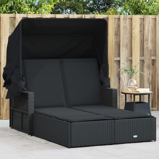 Double Sun Lounger with Canopy and Cushions Black Poly