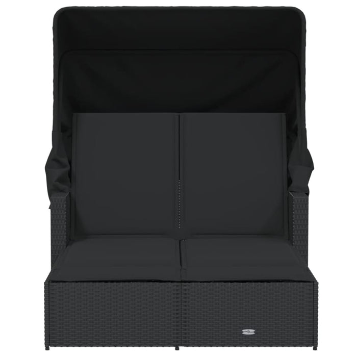 Double Sun Lounger with Canopy and Cushions Black Poly