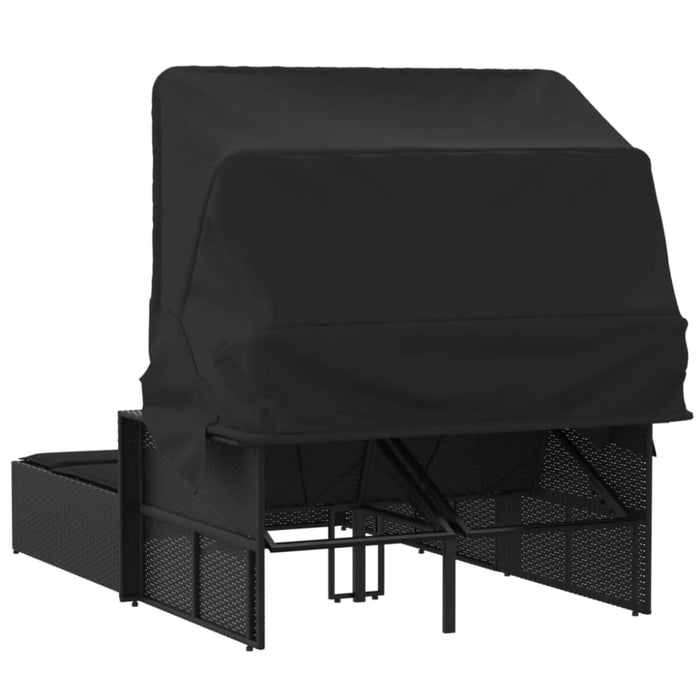 Double Sun Lounger with Canopy and Cushions Black Poly