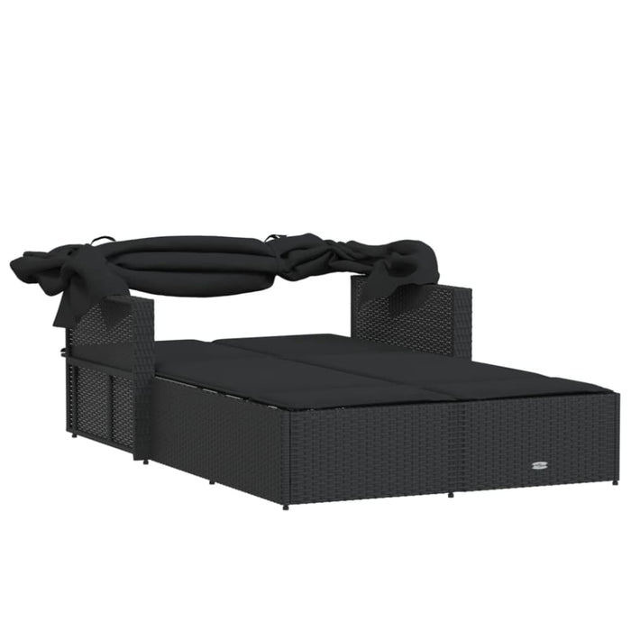 Double Sun Lounger with Canopy and Cushions Black Poly
