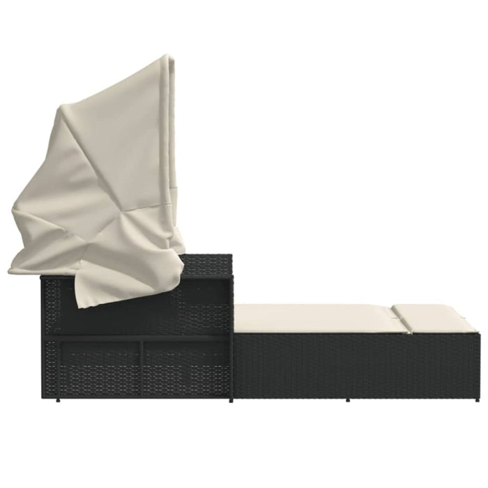 Double Sun Lounger with Canopy and Cushions Black Poly
