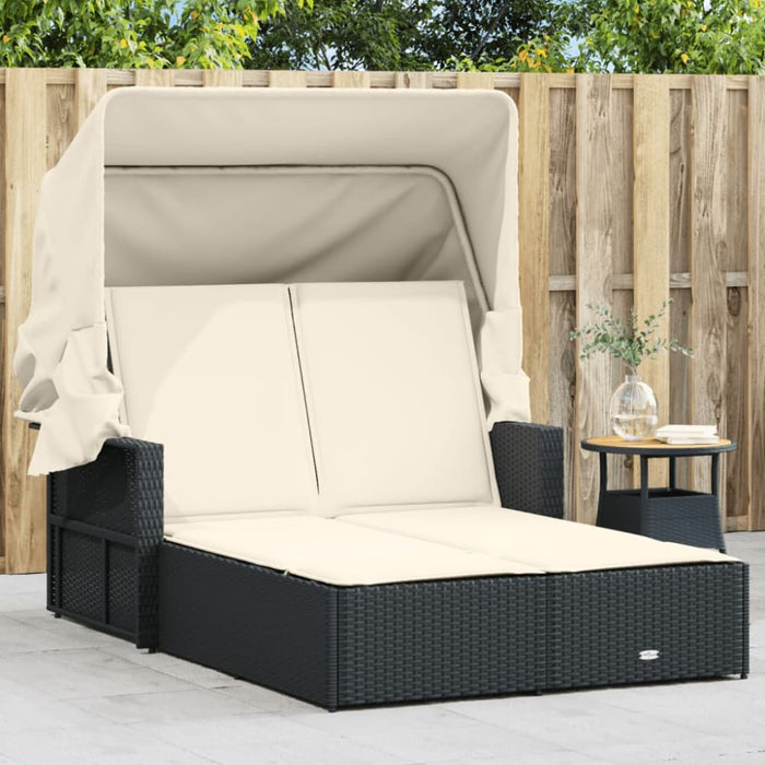 Double Sun Lounger with Canopy and Cushions Black Poly