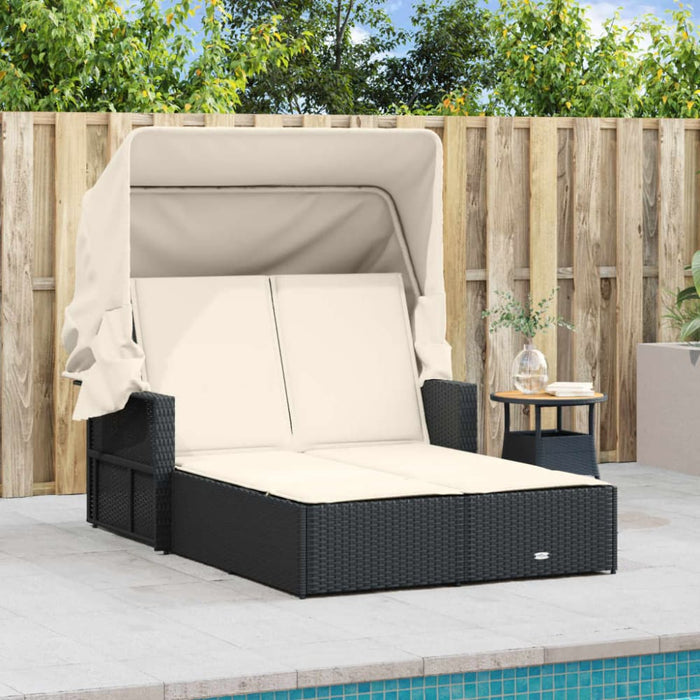 Double Sun Lounger with Canopy and Cushions Black Poly