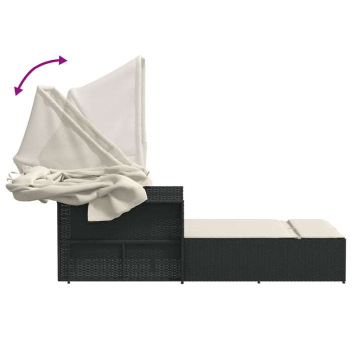Double Sun Lounger with Canopy and Cushions Black Poly