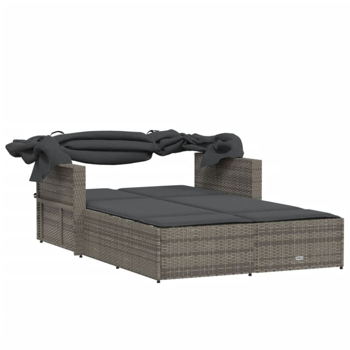Double Sun Lounger With Canopy And Cushions Grey Poly