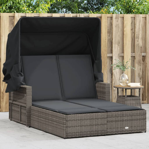 Double Sun Lounger With Canopy And Cushions Grey Poly