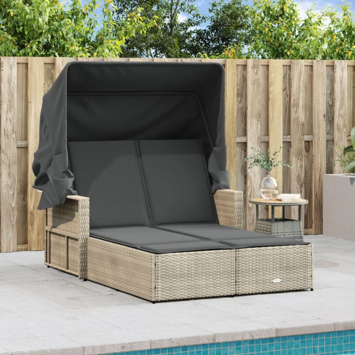 Double Sun Lounger with Canopy and Cushions Light Grey Poly