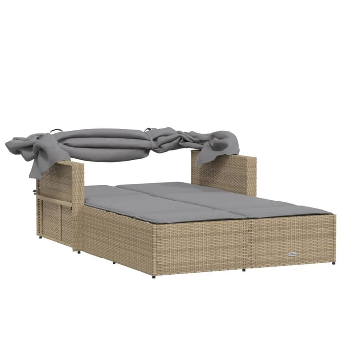 Double Sun Lounger With Canopy And Cushions Mix Beige Poly