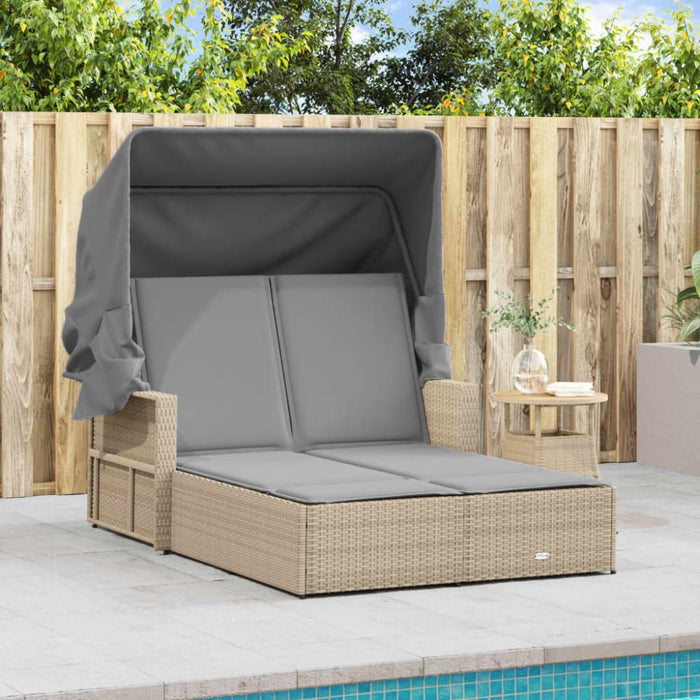 Double Sun Lounger with Canopy and Cushions Mix Beige Poly