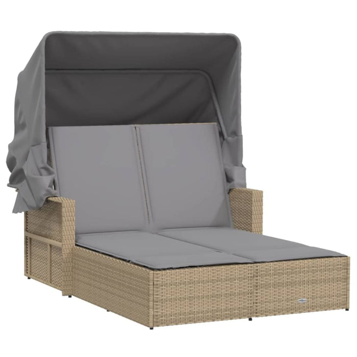 Double Sun Lounger with Canopy and Cushions Mix Beige Poly