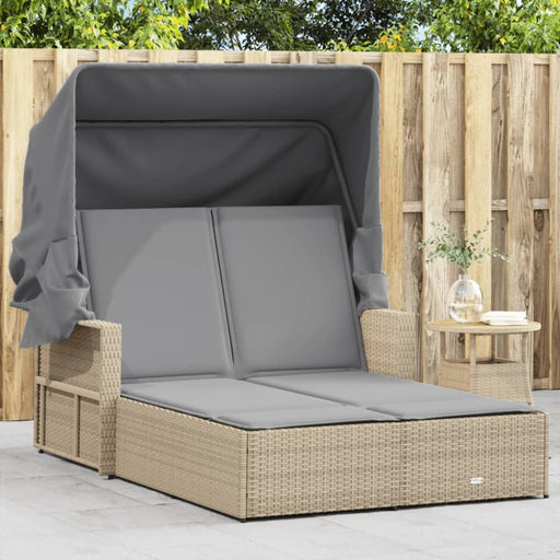 Double Sun Lounger with Canopy and Cushions Mix Beige Poly